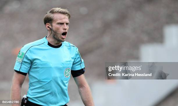 Referee Sven Waschitzki reacts during the Second Bundesliga match between FC Erzgebirge Aue and SSV Jahn Regensburg at Sparkassen-Erzgebirgsstadion...