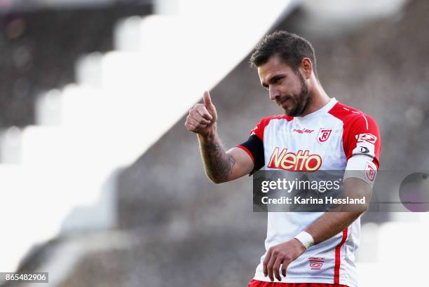 Marco Gruettner of Regensburg reacts during the Second Bundesliga match between FC Erzgebirge Aue and SSV Jahn Regensburg at...