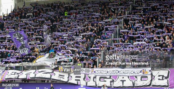Fans of Aue with scarves during the Second Bundesliga match between FC Erzgebirge Aue and SSV Jahn Regensburg at Sparkassen-Erzgebirgsstadion on...
