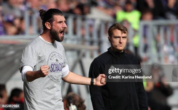 Coach Robin Lenk of Aue reacts during the Second Bundesliga match between FC Erzgebirge Aue and SSV Jahn Regensburg at Sparkassen-Erzgebirgsstadion...