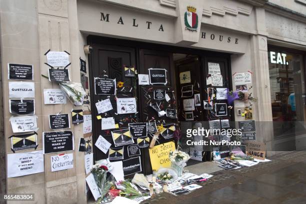 Messages, cartels and flowers have been left outside the Malta High Commission, for Daphne Caruana Galizia, at Malta House, London on October 23,...