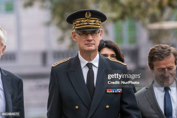 Newly appointed Prefect of Auvergne-Rhone-Alpes Stephane Bouillon attends a ceremony for victims of war at the War Memorial on the Ile du Souvenir in...