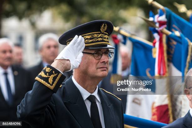 Newly appointed Prefect of Auvergne-Rhone-Alpes Stephane Bouillon attends a ceremony for victims of war at the War Memorial on the Ile du Souvenir in...