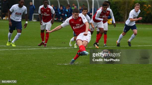 Charlie Gilmour of Arsenal scores from penalty spot during Premier League 2 Div 1 match between Tottenham Hotspur Under 23s against Arsenal Under 23s...