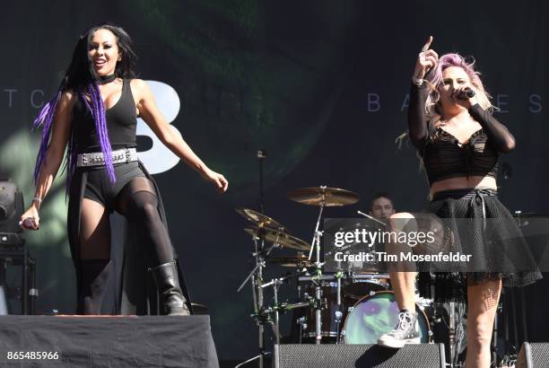 Carla Harvey and Heidi Shepherd of Butcher Babies perform during the Monster Energy Aftershock Festival at Discovery Park on October 22, 2017 in...