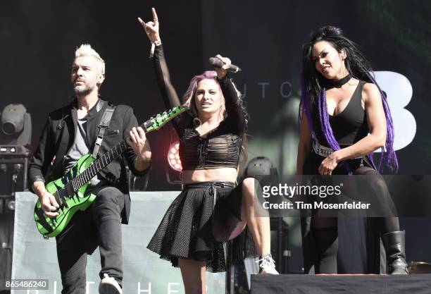 Heidi Shepherd and Carla Harvey of Butcher Babies perform during the Monster Energy Aftershock Festival at Discovery Park on October 22, 2017 in...