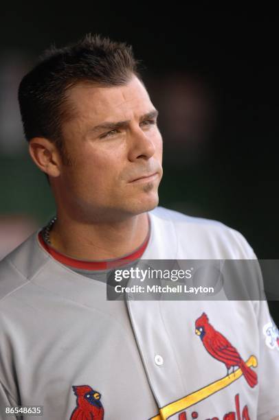 Rick Ankiel of the St. Louis Cardinals looks on during a baseball game against the Washington Nationals on May 1, 2009 at Nationals Park in...