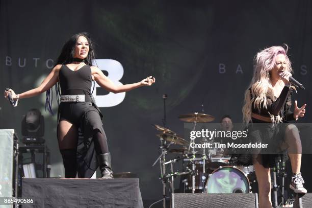 Carla Harvey and Heidi Shepherd of Butcher Babies perform during the Monster Energy Aftershock Festival at Discovery Park on October 22, 2017 in...