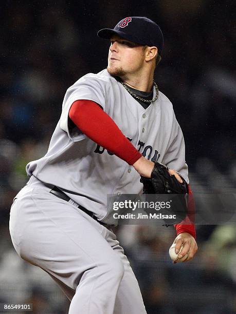 Jon Lester of the Boston Red Sox deals a pitch against the New York Yankees on May 4, 2009 at Yankee Stadium in the Bronx borough of New York City....