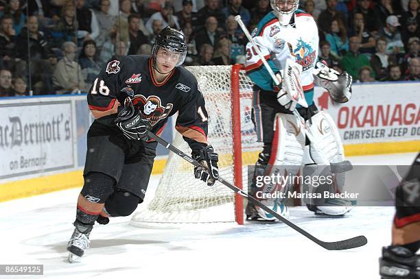 Kris Foucault of the Calgary Hitmen skates against the Kelowna Rockets on May 6, 2009 at Prospera Place in Kelowna, Canada.