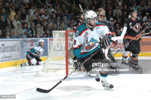 Stepan Novotny of the Kelowna Rockets skates against the Calgary Hitmen on May 6, 2009 at Prospera Place in Kelowna, Canada.