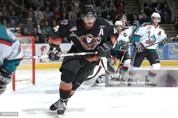 Alex Plante of the Calgary Hitmen skates against the Kelowna Rockets on May 6, 2009 at Prospera Place in Kelowna, Canada.