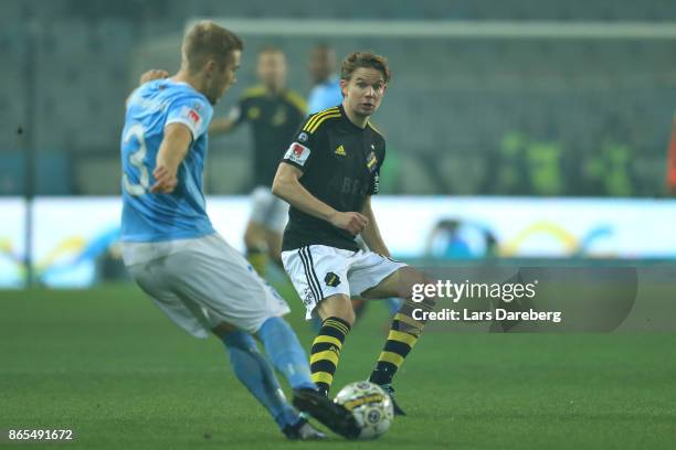 Johan Blomberg of AIK during the allsvenskan match between Malmo FF and AIK at Swedbank Stadion on October 23, 2017 in Malmo, Sweden.