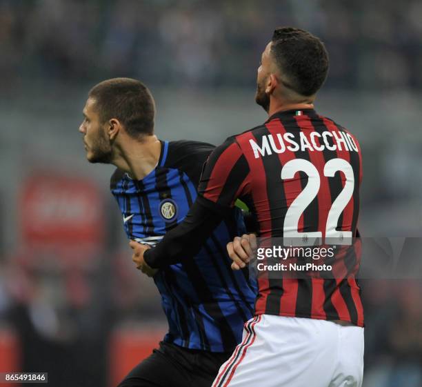 Matteo Musacchio of Milan player and Mauro Icardi of Inter player during the match valid for Italian Football Championships - Serie A 2017-2018...