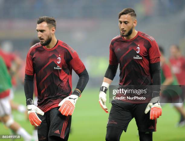 Antonio Donnarumma of Milan goalkeeper and Gianluigi Donnarumma of Milan goalkeeper during the warm-up before the match valid for Italian Football...