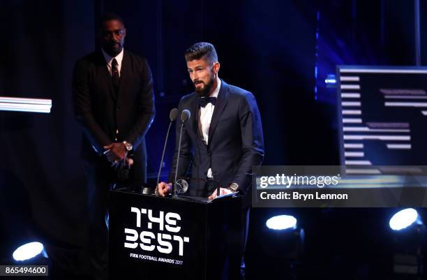 Olivier Giroud of France and Arsenal wins the Fifa Puskas award during The Best FIFA Football Awards Show on October 23, 2017 in London, England.