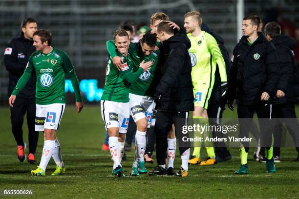 Stian Aasmundsen of Jonkopings Sodra and Andre Calisir of Jonkopings Sodra celebrates after the victory in the Allsvenskan match between Jonkopings...