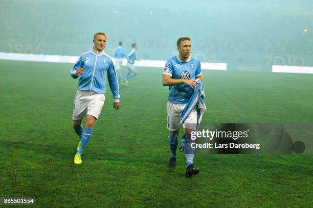 Franz Brorsson and Anton Tinnerholm of Malmo FF during the allsvenskan match between Malmo FF and AIK at Swedbank Stadion on October 23, 2017 in...