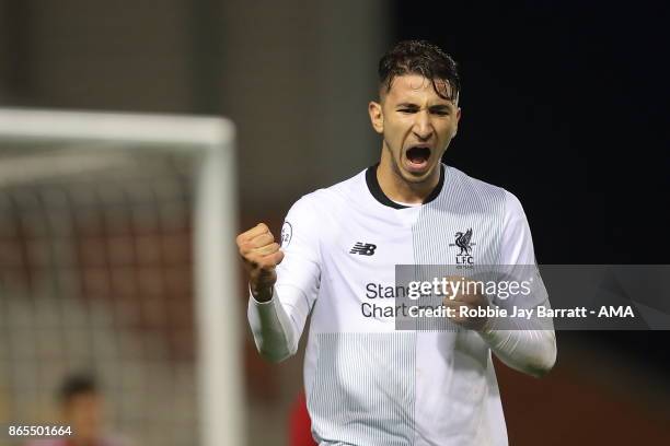 Marko Grujic of Liverpool celebrates after scoring a goal to make it 1-2 during the Premier League 2 fixture between Manchester United and Liverpool...