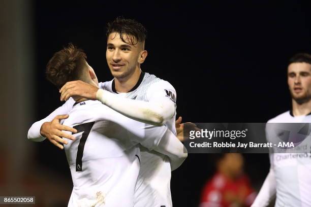Marko Grujic of Liverpool celebrates after scoring a goal to make it 1-2 during the Premier League 2 fixture between Manchester United and Liverpool...