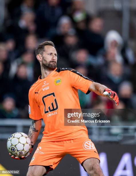 Johan Wiland, goalkeeper of Hammarby IF during the Allsvenskan match between Hammarby IF and IK Sirius FK at Tele2 Arena on October 23, 2017 in...