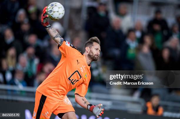 Johan Wiland, goalkeeper of Hammarby IF during the Allsvenskan match between Hammarby IF and IK Sirius FK at Tele2 Arena on October 23, 2017 in...