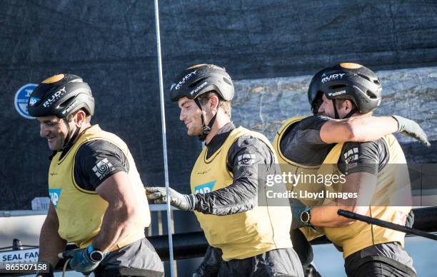 Extreme Sailing Team' shown here winning Act 8. Skippered by Rasmus K¿stner and helmed by Adam Minoprio . With team mates Pierluigi de Felice ,...