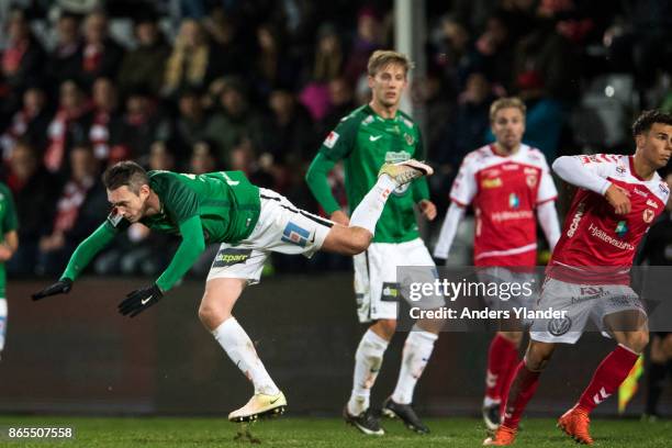 Daryl Smylie of Jonkopings Sodra falls during the Allsvenskan match between Jonkopings Sodra IF and Kalmar FF at Stadsparksvallen on October 23, 2017...