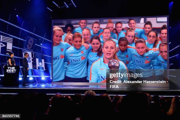 Lieke Martens of The Netherlands and FC Barcelona accepts the The Best FIFA Women's Player during The Best FIFA Football Awards at The London...