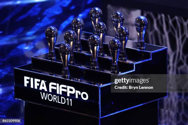 The Fifa FifPro World XI trophy's during The Best FIFA Football Awards Show on October 23, 2017 in London, England.