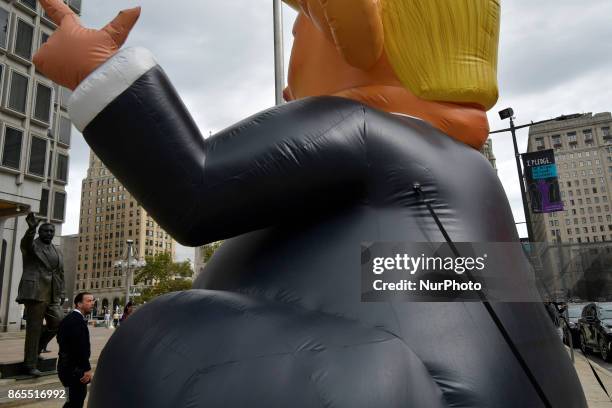 Pop-up inflatable 'Trump Rat' is erected facing the Frank Rizzo statue, in Center City Philadelphia, PA, on Rizzos birthday, October 23, 2017. In...