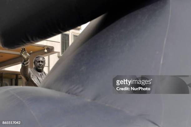 Pop-up inflatable 'Trump Rat' is erected facing the Frank Rizzo statue, in Center City Philadelphia, PA, on Rizzos birthday, October 23, 2017. In...