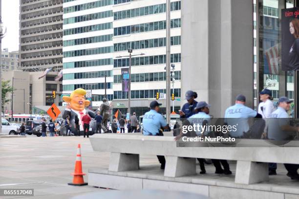 Pop-up inflatable 'Trump Rat' is erected facing the Frank Rizzo statue, in Center City Philadelphia, PA, on Rizzos birthday, October 23, 2017. In...