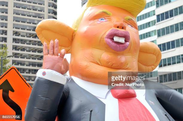 Pop-up inflatable 'Trump Rat' is erected facing the Frank Rizzo statue, in Center City Philadelphia, PA, on Rizzos birthday, October 23, 2017. In...