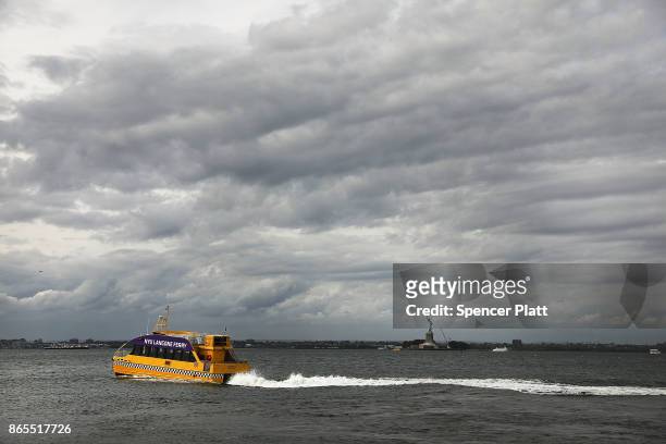 Water taxi leaves Red Hook, Brooklyn on October 23, 2017 in New York City. Red Hook, like many coastal neighborhoods in New York, was severely...