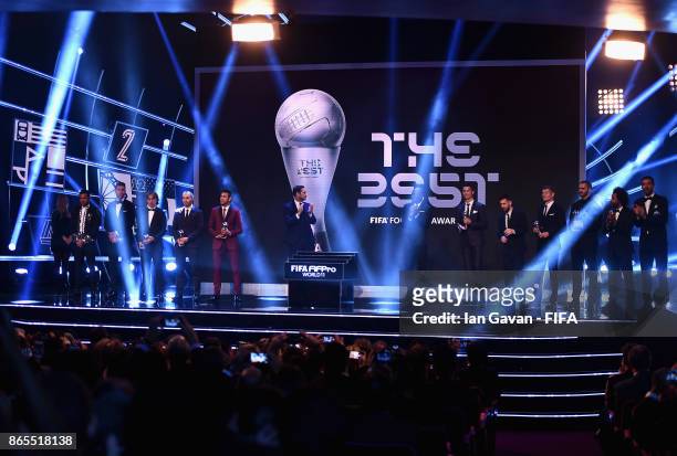 General view as the winners of The FIFA Team of The Year award are announced during The Best FIFA Football Awards at The London Palladium on October...