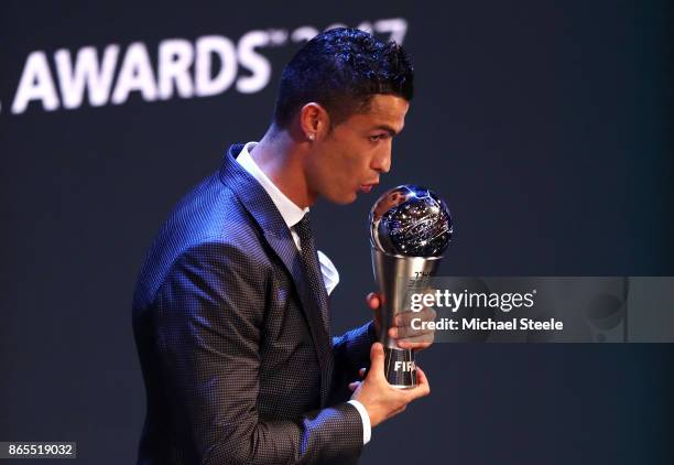 Cristiano Ronaldo of Portugal and Real Madrid CF wins The best Fifa men's player during The Best FIFA Football Awards Show on October 23, 2017 in...