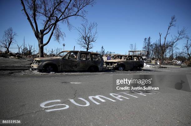 Street name is painted on Sumatra Drive in the fire damaged Coffey Park neighborhood on October 23, 2017 in Santa Rosa, California. Residents are...