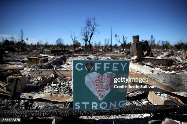 Sign is posted in front of a Coffey Park home that was destroyed by the Tubbs Fire on October 23, 2017 in Santa Rosa, California. Residents are...