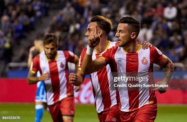 Francesc Aday of Girona FC celebrates after scoring the opening goal during the La Liga match between Deportivo La Coruna and Girona at Riazor...