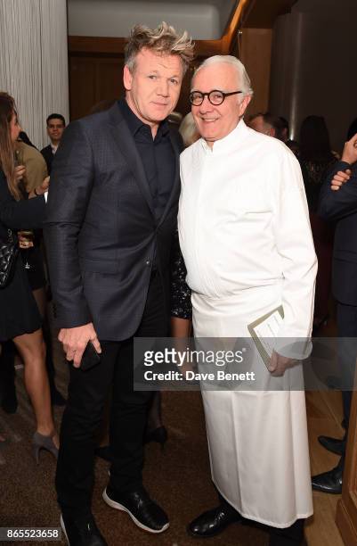 Gordon Ramsay and Alain Ducasse attend 10th anniversary of Alain Ducasse at The Dorchester on October 23, 2017 in London, England.
