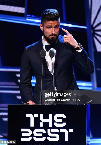 Olivier Giroud of France and Arsenal accepts the Puskas Award during The Best FIFA Football Awards at The London Palladium on October 23, 2017 in...