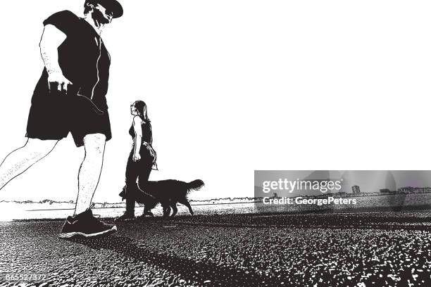 sequenzielle serie silhouetten von menschen fitness walking auf fußweg rund um lake calhoun, minneapolis - frauen hund park stock-grafiken, -clipart, -cartoons und -symbole