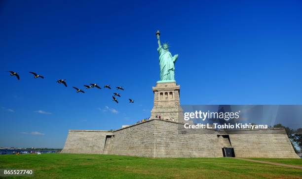 statue of liberty in new york city - insel liberty island stock-fotos und bilder