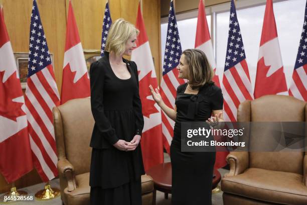 Chrystia Freeland, Canada's minister of foreign affairs, right, speaks with Kelly Craft, U.S. Ambassador to Canada, during a meeting at the Lester B....