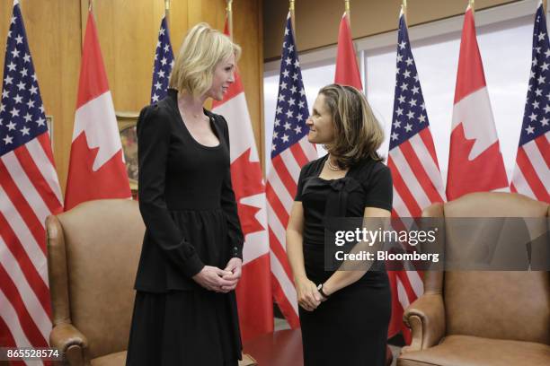 Chrystia Freeland, Canada's minister of foreign affairs, right, speaks with Kelly Craft, U.S. Ambassador to Canada, during a meeting at the Lester B....