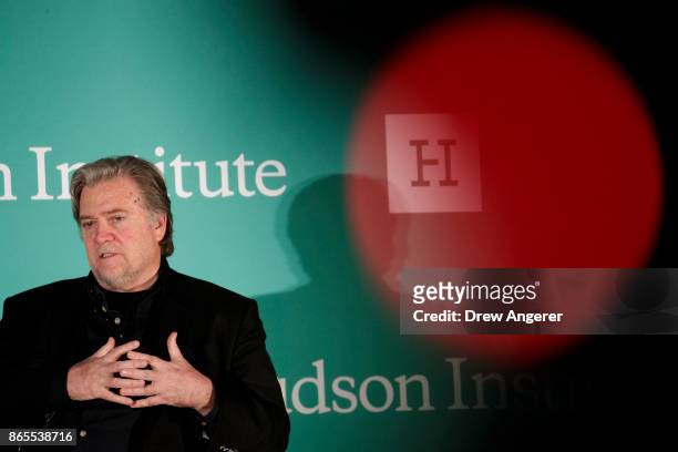 Steve Bannon, former White House chief strategist and chairman of Breitbart News, speaks during a discussion on countering violent extremism, at the...