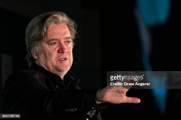 Steve Bannon, former White House chief strategist and chairman of Breitbart News, speaks during a discussion on countering violent extremism, at the...