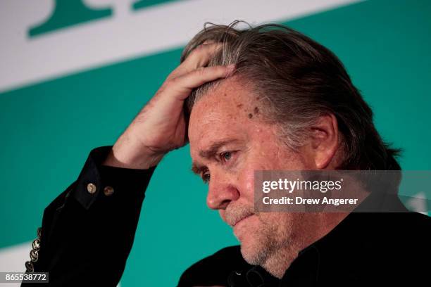 Steve Bannon, former White House chief strategist and chairman of Breitbart News, attends a discussion on countering violent extremism, at the Ronald...
