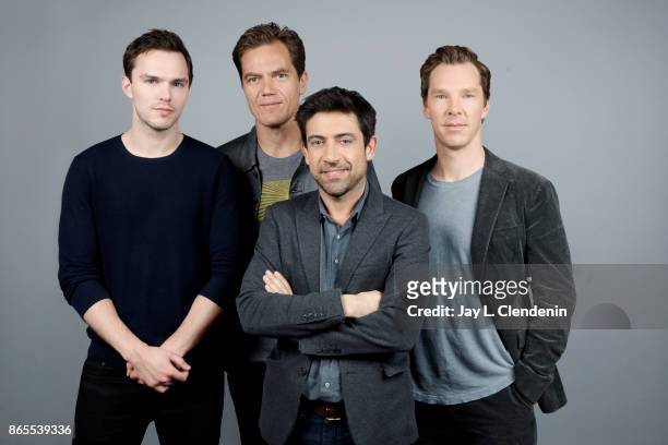 Actor Nicholas Hoult, actor Michael Shannon, director Alfonso Gomez-Rejon, and actor Benedict Cumberbatch from the film, "The Current War," pose for...